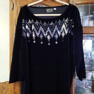 Bob Mackie's Sequin Spangle Stretch Velvet 3/4 Sleeve Pullover Top  Black,  3x